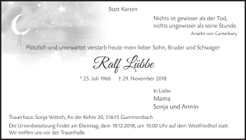 Anzeige von Ralf Lübbe von  Anzeigen Echo 