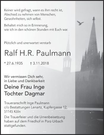Anzeige von Ralf H.R. Paulmann von  Kölner Wochenspiegel 