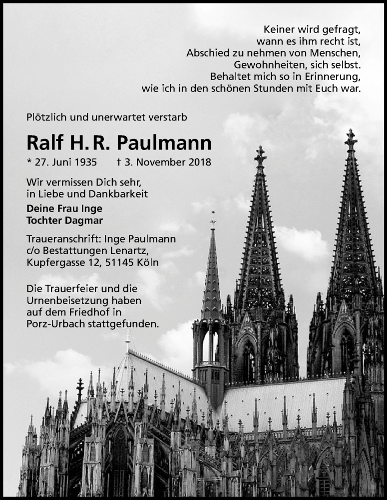  Traueranzeige für Ralf H.R. Paulmann vom 07.12.2018 aus Kölner Stadt-Anzeiger / Kölnische Rundschau / Express