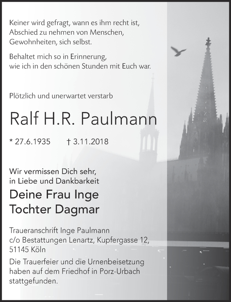  Traueranzeige für Ralf H.R. Paulmann vom 05.12.2018 aus  Kölner Wochenspiegel 