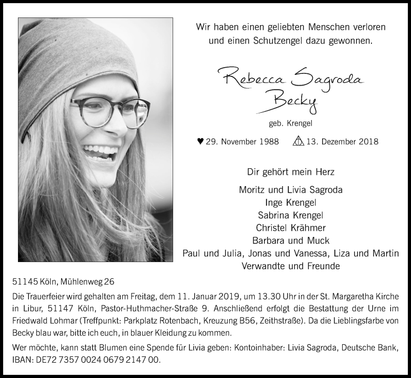  Traueranzeige für Rebecca Sagroda vom 22.12.2018 aus Kölner Stadt-Anzeiger / Kölnische Rundschau / Express