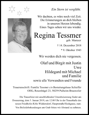 Anzeige von Regina Tessmer von Kölner Stadt-Anzeiger / Kölnische Rundschau / Express