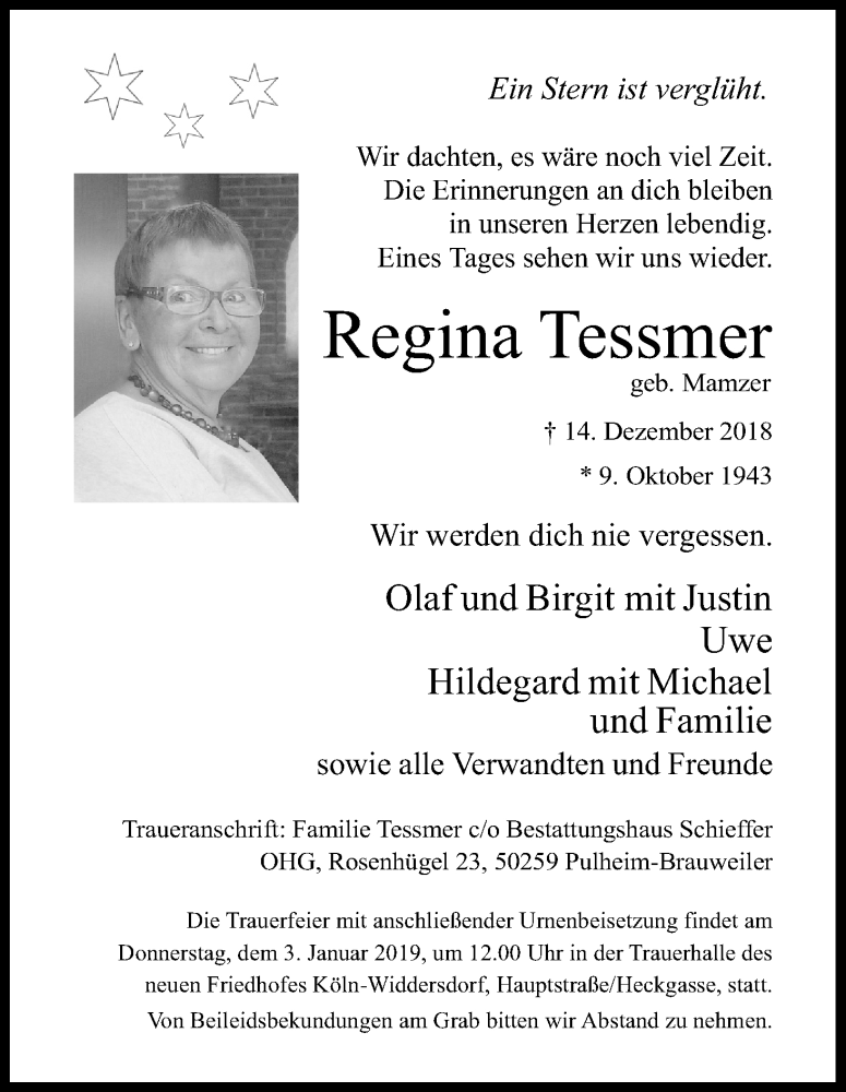  Traueranzeige für Regina Tessmer vom 22.12.2018 aus Kölner Stadt-Anzeiger / Kölnische Rundschau / Express