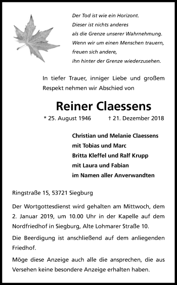Anzeige von Reiner Claessens von Kölner Stadt-Anzeiger / Kölnische Rundschau / Express