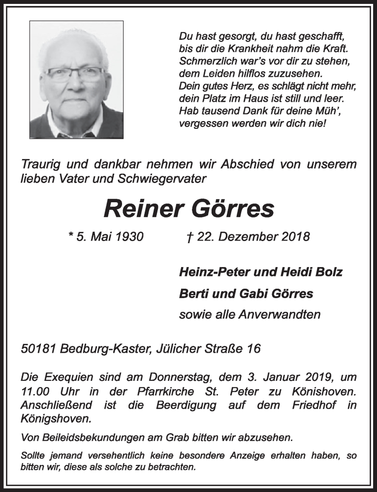 Traueranzeige für Reiner Görres vom 29.12.2018 aus  Sonntags-Post 