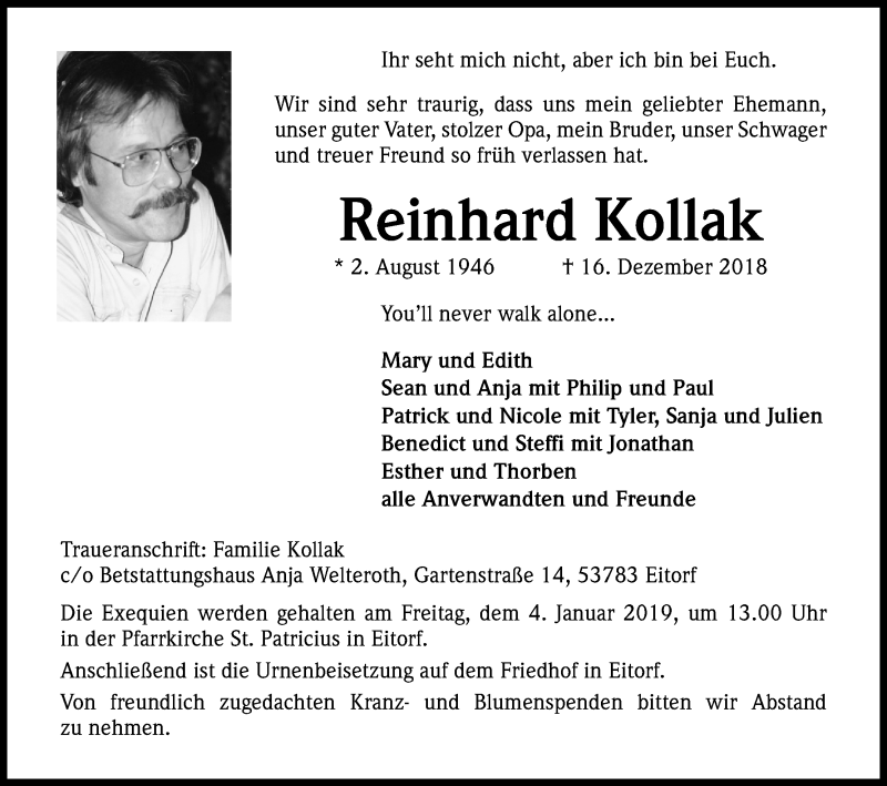  Traueranzeige für Reinhard Kollak vom 22.12.2018 aus Kölner Stadt-Anzeiger / Kölnische Rundschau / Express