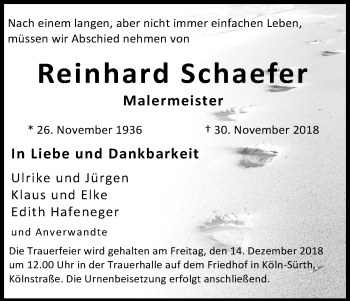 Anzeige von Reinhard Schaefer von Kölner Stadt-Anzeiger / Kölnische Rundschau / Express