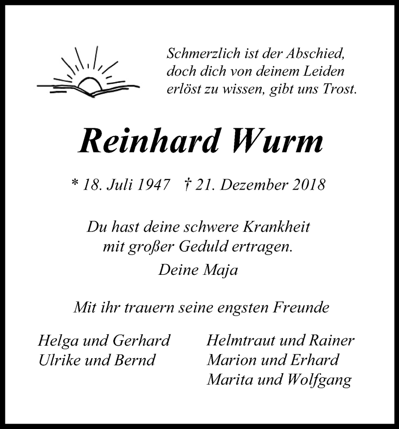  Traueranzeige für Reinhard Wurm vom 29.12.2018 aus Kölner Stadt-Anzeiger / Kölnische Rundschau / Express