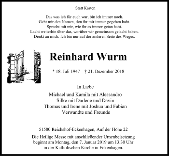 Anzeige von Reinhard Wurm von Kölner Stadt-Anzeiger / Kölnische Rundschau / Express