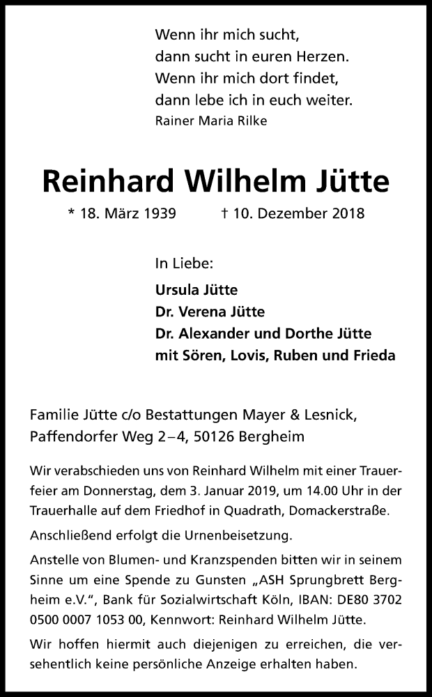  Traueranzeige für Reinhard Wilhelm Jütte vom 29.12.2018 aus Kölner Stadt-Anzeiger / Kölnische Rundschau / Express