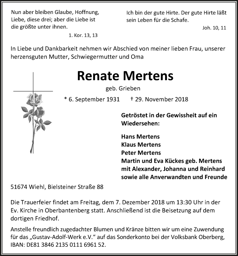  Traueranzeige für Renate Mertens vom 05.12.2018 aus  Anzeigen Echo 