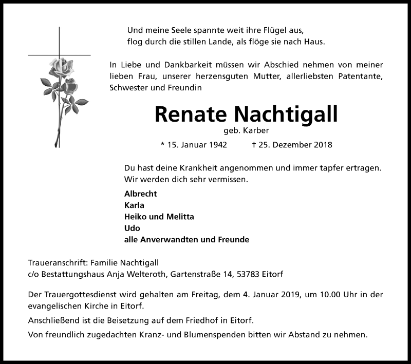  Traueranzeige für Renate Nachtigall vom 29.12.2018 aus Kölner Stadt-Anzeiger / Kölnische Rundschau / Express