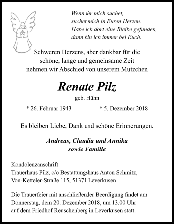 Anzeige von Renate Pilz von Kölner Stadt-Anzeiger / Kölnische Rundschau / Express