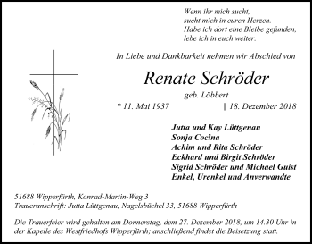Anzeige von Renate Schröder von Kölner Stadt-Anzeiger / Kölnische Rundschau / Express
