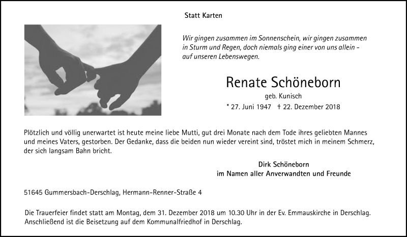  Traueranzeige für Renate Schöneborn vom 29.12.2018 aus Kölner Stadt-Anzeiger / Kölnische Rundschau / Express