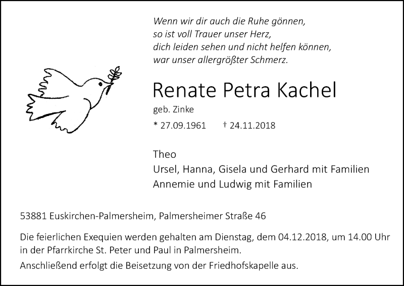  Traueranzeige für Renate Petra Kachel vom 01.12.2018 aus Kölner Stadt-Anzeiger / Kölnische Rundschau / Express