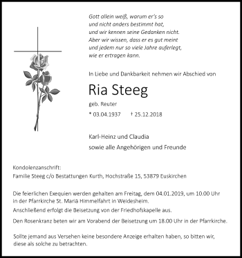 Anzeige von Ria Steeg von Kölner Stadt-Anzeiger / Kölnische Rundschau / Express