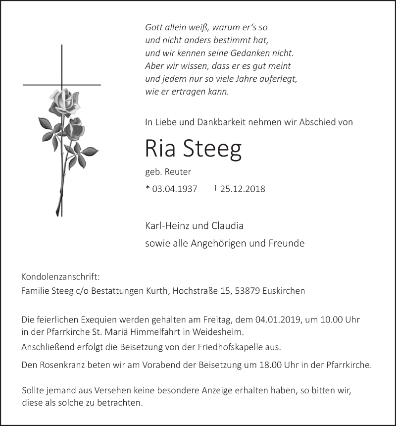  Traueranzeige für Ria Steeg vom 29.12.2018 aus  Blickpunkt Euskirchen 