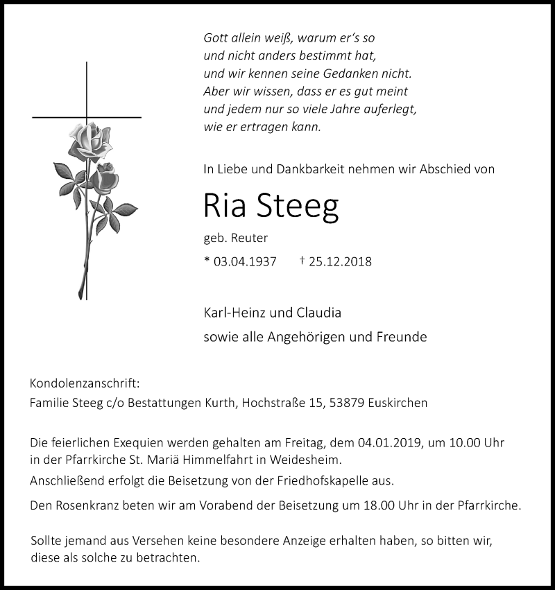  Traueranzeige für Ria Steeg vom 29.12.2018 aus Kölner Stadt-Anzeiger / Kölnische Rundschau / Express