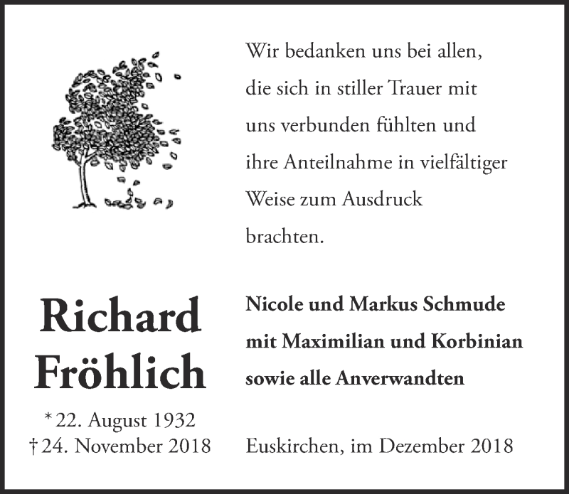  Traueranzeige für Richard Fröhlich vom 22.12.2018 aus  Blickpunkt Euskirchen 