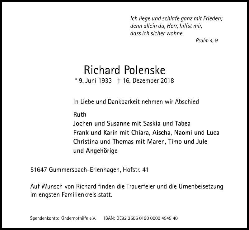  Traueranzeige für Richard Polenske vom 20.12.2018 aus Kölner Stadt-Anzeiger / Kölnische Rundschau / Express