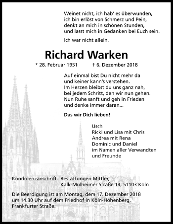 Anzeige von Richard Warken von Kölner Stadt-Anzeiger / Kölnische Rundschau / Express