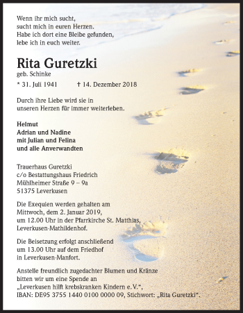 Anzeige von Rita Guretzki von Kölner Stadt-Anzeiger / Kölnische Rundschau / Express