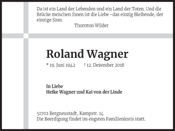 Anzeige von Roland Wagner von Kölner Stadt-Anzeiger / Kölnische Rundschau / Express