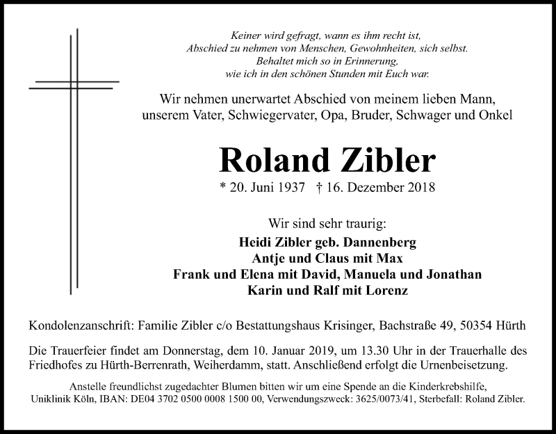  Traueranzeige für Roland Zibler vom 22.12.2018 aus Kölner Stadt-Anzeiger / Kölnische Rundschau / Express