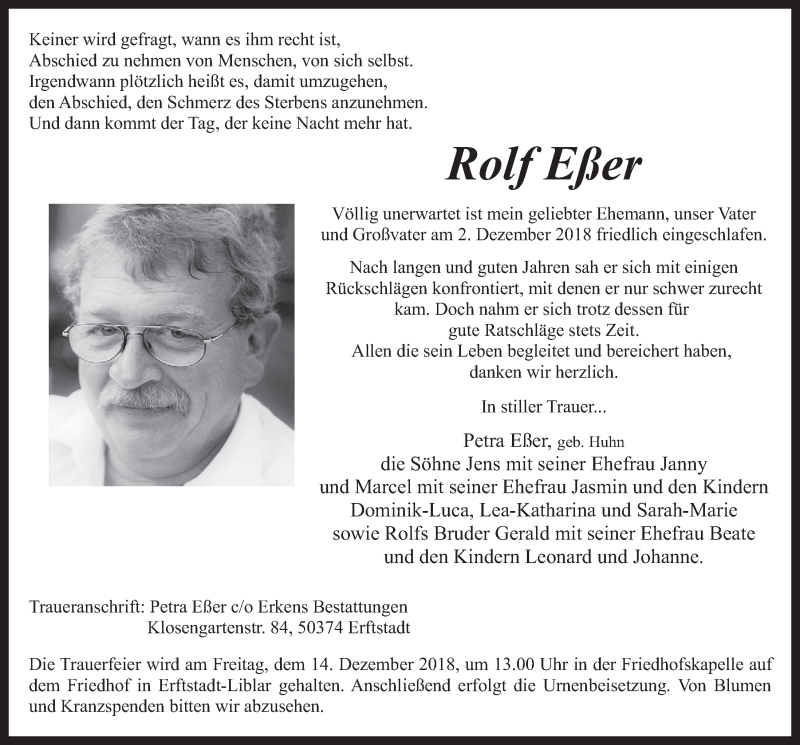  Traueranzeige für Rolf Eßer vom 12.12.2018 aus  Werbepost 