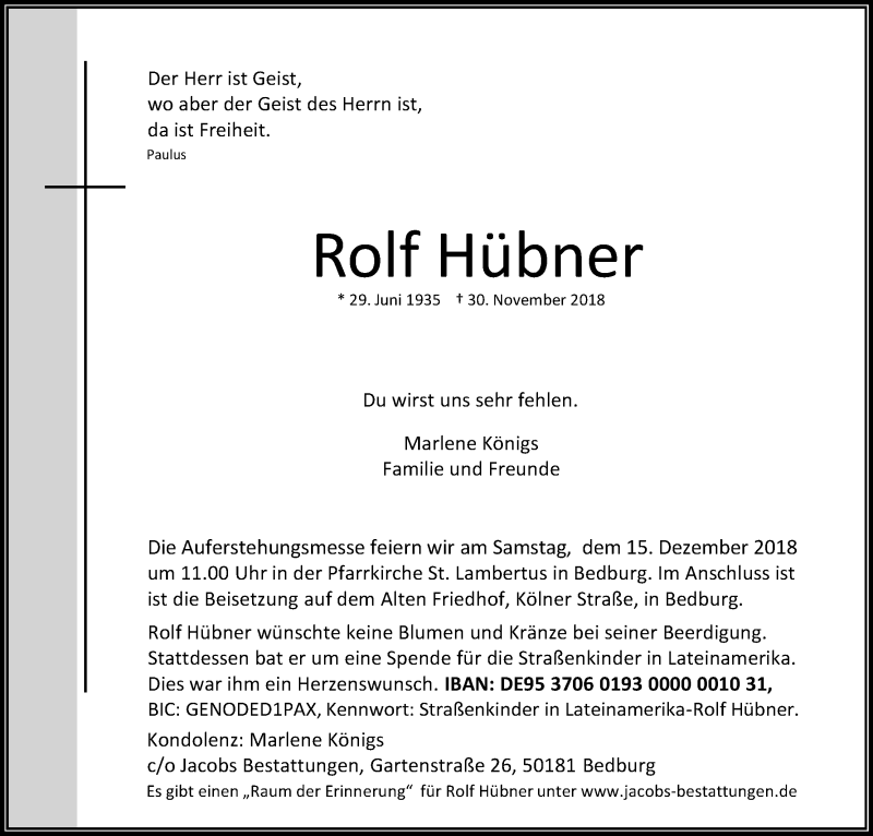  Traueranzeige für Rolf Hübner vom 11.12.2018 aus Kölner Stadt-Anzeiger / Kölnische Rundschau / Express