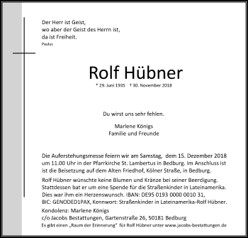 Anzeige von Rolf Hübner von Kölner Stadt-Anzeiger / Kölnische Rundschau / Express