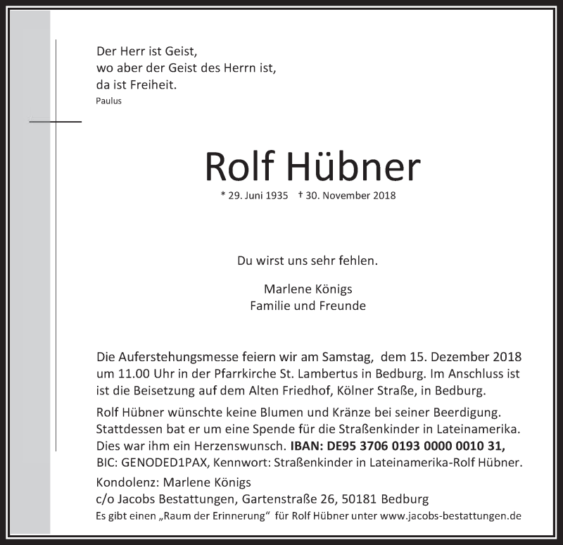  Traueranzeige für Rolf Hübner vom 12.12.2018 aus  Werbepost 