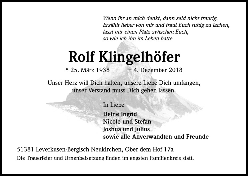  Traueranzeige für Rolf Klingelhöfer vom 08.12.2018 aus Kölner Stadt-Anzeiger / Kölnische Rundschau / Express