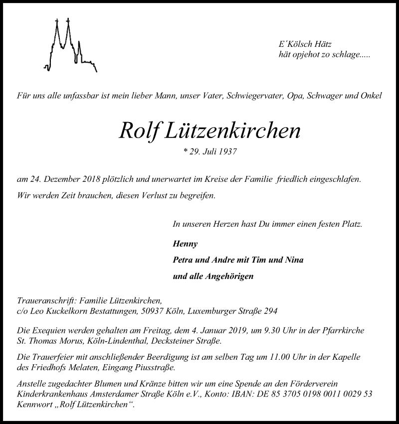  Traueranzeige für Rolf Lützenkirchen vom 29.12.2018 aus Kölner Stadt-Anzeiger / Kölnische Rundschau / Express
