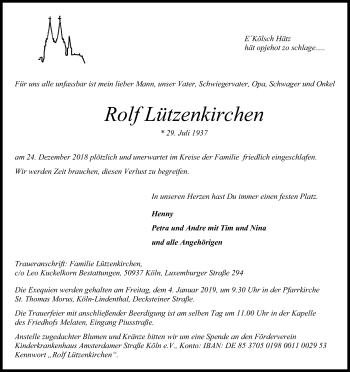 Anzeige von Rolf Lützenkirchen von Kölner Stadt-Anzeiger / Kölnische Rundschau / Express