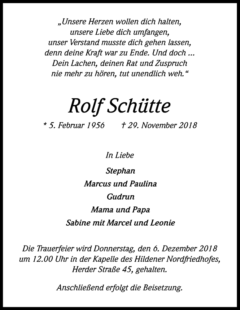  Traueranzeige für Rolf Schütte vom 05.12.2018 aus Kölner Stadt-Anzeiger / Kölnische Rundschau / Express
