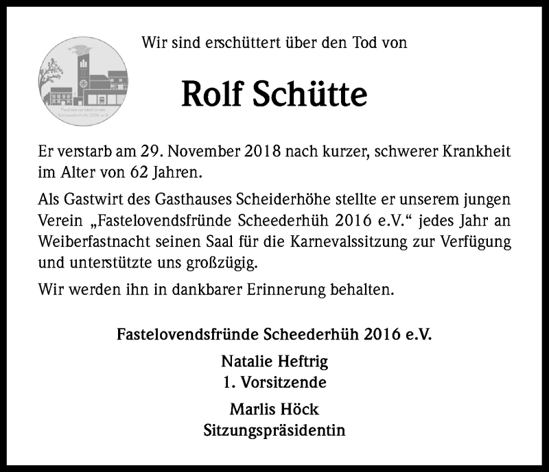  Traueranzeige für Rolf Schütte vom 05.12.2018 aus Kölner Stadt-Anzeiger / Kölnische Rundschau / Express