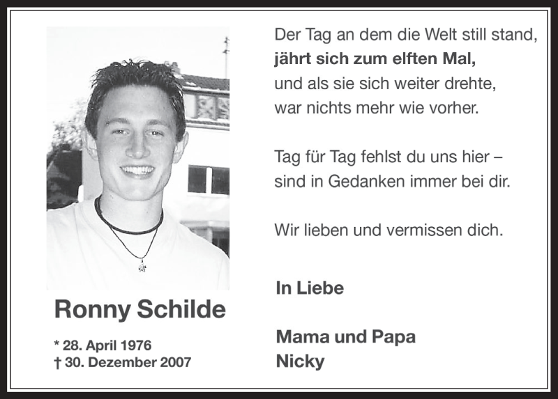  Traueranzeige für Ronny Schilde vom 29.12.2018 aus  Sonntags-Post 