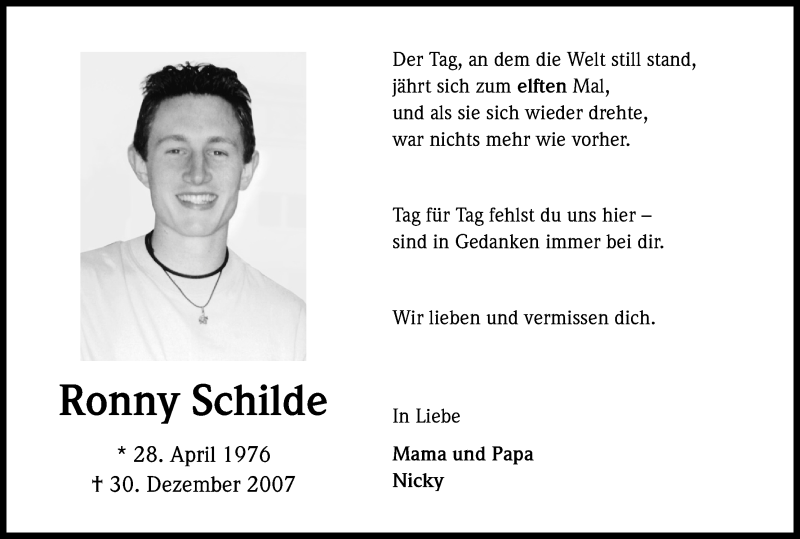  Traueranzeige für Ronny Schilde vom 29.12.2018 aus Kölner Stadt-Anzeiger / Kölnische Rundschau / Express