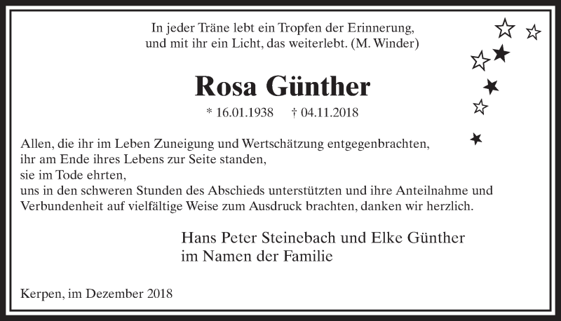  Traueranzeige für Rosa Günther vom 22.12.2018 aus  Sonntags-Post 