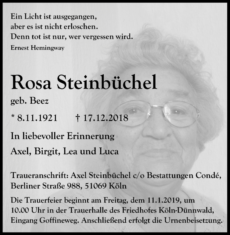  Traueranzeige für Rosa Steinbüchel vom 22.12.2018 aus Kölner Stadt-Anzeiger / Kölnische Rundschau / Express