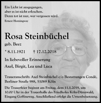 Anzeige von Rosa Steinbüchel von Kölner Stadt-Anzeiger / Kölnische Rundschau / Express