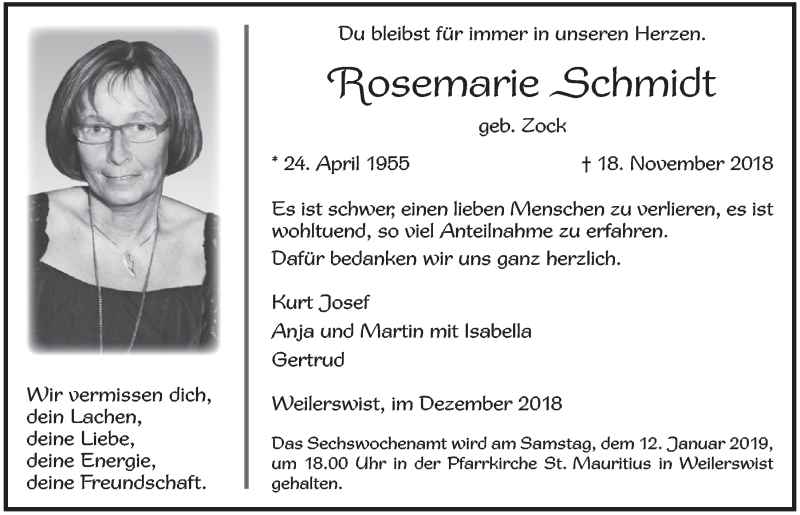  Traueranzeige für Rosemarie Schmidt vom 22.12.2018 aus  Blickpunkt Euskirchen 