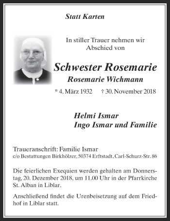 Anzeige von Rosemarie Wichmann von  Werbepost 