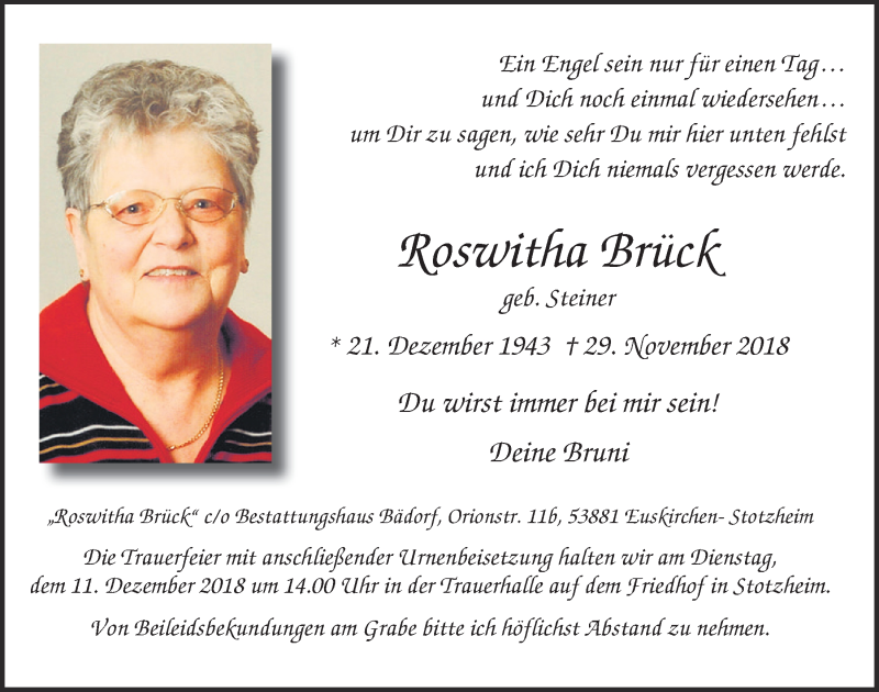  Traueranzeige für Roswitha Brück vom 08.12.2018 aus  Blickpunkt Euskirchen 