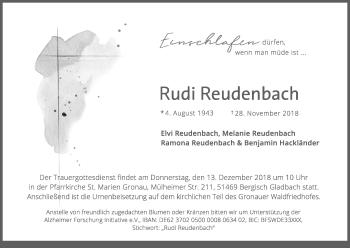 Anzeige von Rudi Reudenbach von Kölner Stadt-Anzeiger / Kölnische Rundschau / Express
