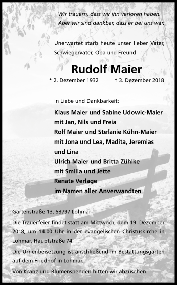 Anzeige von Rudolf Maier von Kölner Stadt-Anzeiger / Kölnische Rundschau / Express