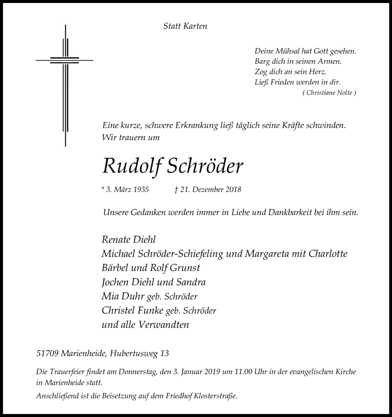  Traueranzeige für Rudolf Schröder vom 29.12.2018 aus Kölner Stadt-Anzeiger / Kölnische Rundschau / Express