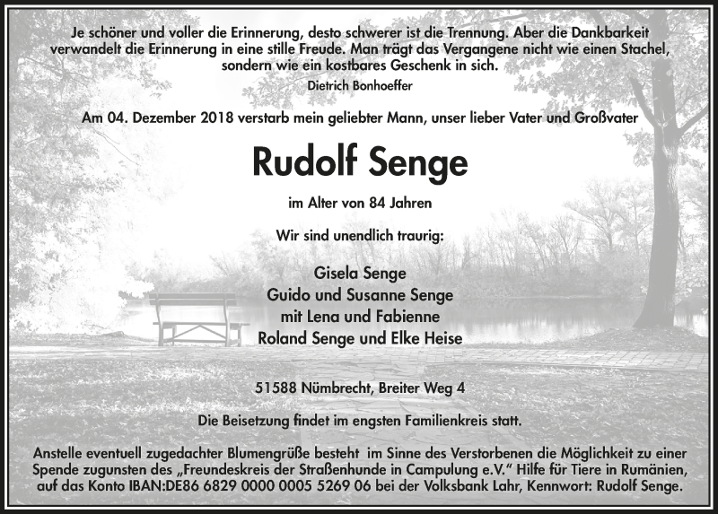  Traueranzeige für Rudolf Senge vom 12.12.2018 aus  Lokalanzeiger 